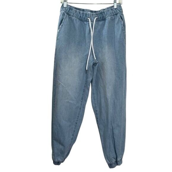 Forever 21 Light Blue Denim Jogger Pants Size L Elastic Waistband - Picture 1 of 6